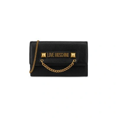 Shop Love Moschino Clutch With Logo And Chain In Black