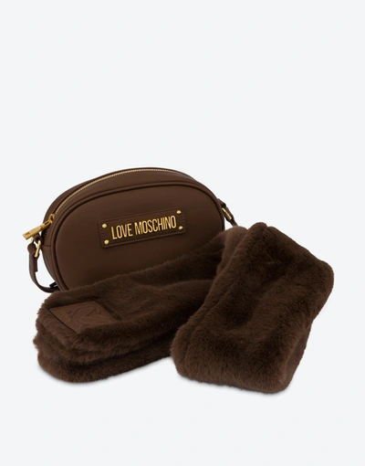 Shop Love Moschino Furry Scarf Shoulder Bag In Chocolate
