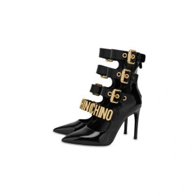 Shop Moschino Lettering Multi-straps Patent Leather Pumps In Black