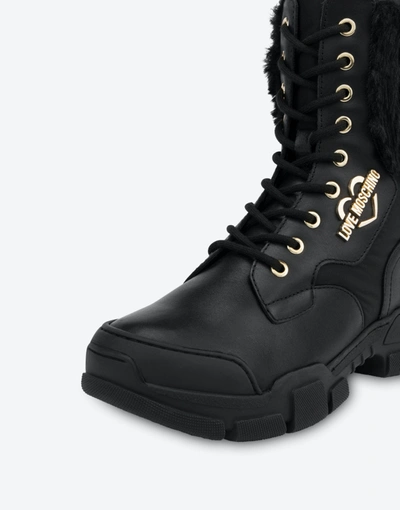 Shop Love Moschino Calfskin And Nylon Trekking Combat Boot In Black