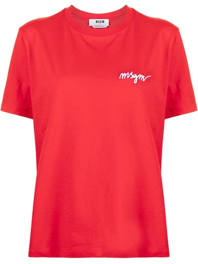 Shop Msgm Chest-logo Crew Neck T-shirt In 18 Red