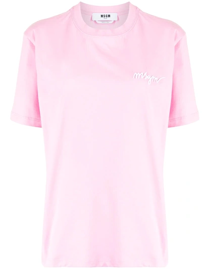 Shop Msgm Chest-logo Crew Neck T-shirt In Rosa