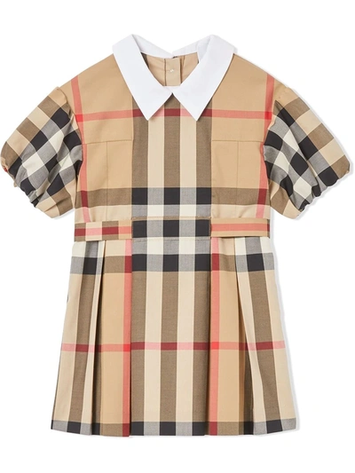 Shop Burberry Puff-sleeve Vintage Check Dress In Brown
