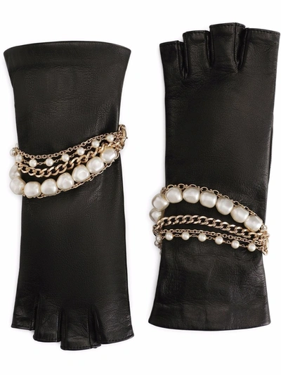 Shop Dolce & Gabbana Black Nappa Leather Gloves With Bejeweled Bracelet Embellishment In Nero