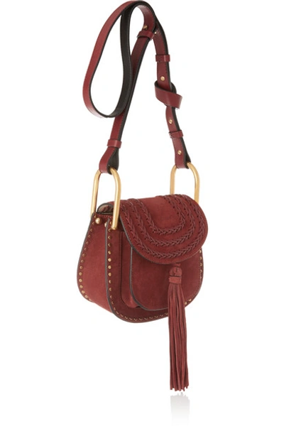Shop Chloé Hudson Mini Whipstitched Suede Shoulder Bag In Burgundy