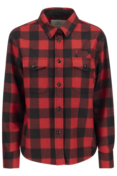 Shop Woolrich Wool Blend Patchwork Shirt Jacket In Red