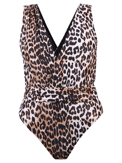 Shop Ganni Leopard Print One Piece Swimsuit In Brown