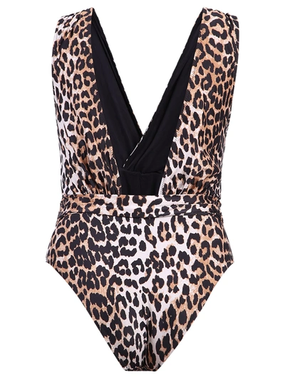 Shop Ganni Leopard Print One Piece Swimsuit In Brown