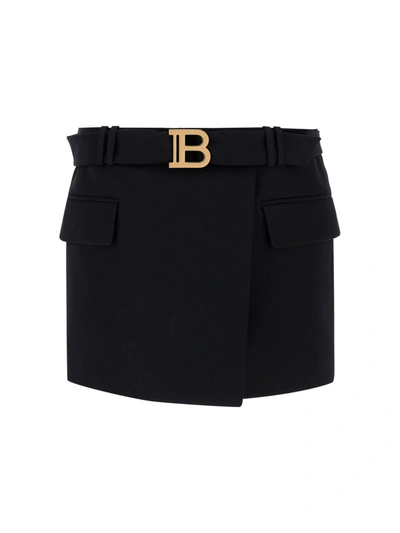 Shop Balmain Logo Plaque Belted Mini Skirt In Black