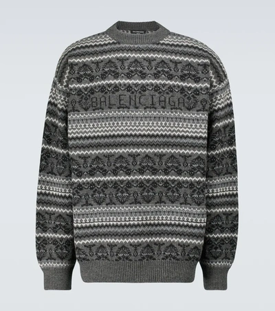 Shop Balenciaga Fairisle Crewneck Sweater In Grey