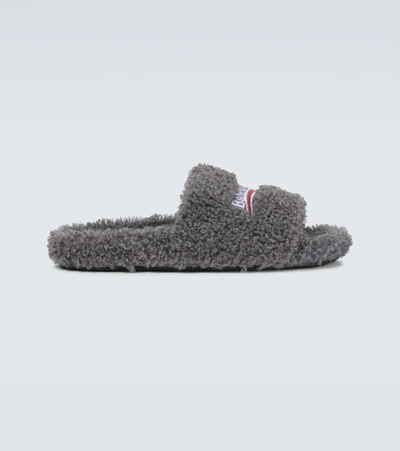 Shop Balenciaga Political Campaign Furry Slides In Grey/white/red