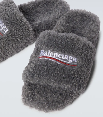 Shop Balenciaga Political Campaign Furry Slides In Grey/white/red