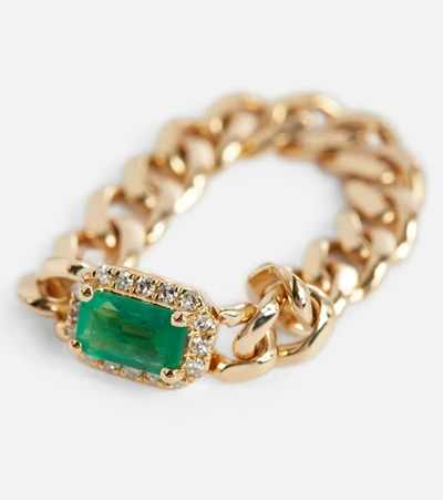 Shay Jewelry Baby Link 18kt Gold Ring With Diamonds And Emerald In Yellow Gold/emerald