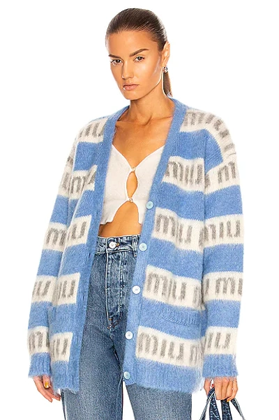 Shop Miu Miu Mohair Logo Cardigan In Astrale