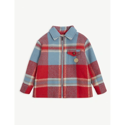Shop Gucci Boys Red/turquoise/mc Kids Check-print Wool Coat 4 Years