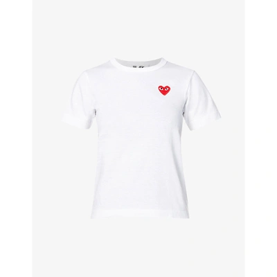 Shop Comme Des Garçons Play Womens White Heart-embroidered Cotton-jersey T-shirt S