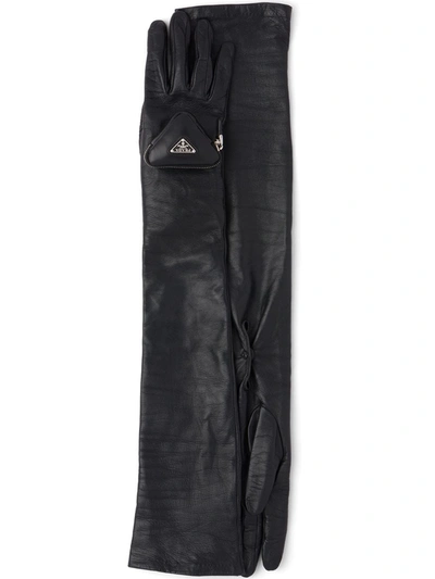 Prada Zipped Pouch Long Gloves In Schwarz