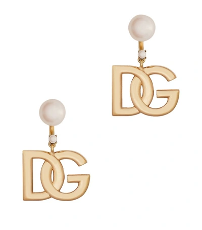 Shop Dolce & Gabbana Faux Pearl Logo Drop Earrings In Multi