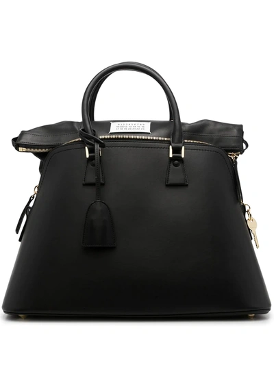 Shop Maison Margiela Logo-patch Zip-up Leather Tote Bag In Black