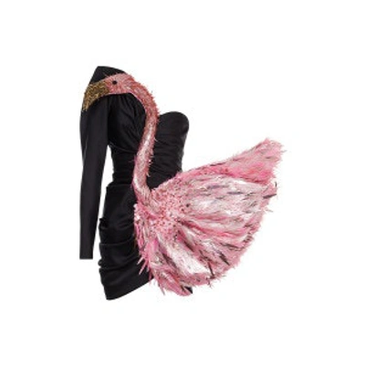 Shop Moschino Pink Flamingo Duchesse Dress In Black