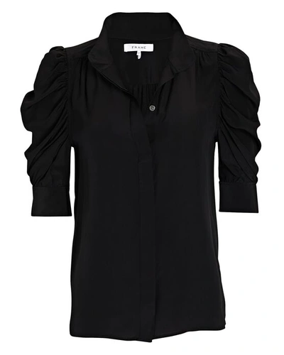 Frame Gillian Silk Collared Puff-sleeve Top In Black | ModeSens