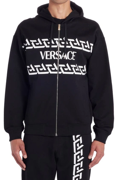 Shop Versace La Greca Logo Cotton Zip Hoodie In Nero