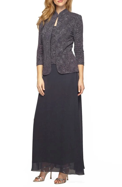 Shop Alex Evenings Two-piece Jacquard Gown With Jacket In Smoke