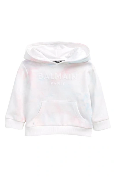 Shop Balmain Logo Tie Dye Cotton Hoodie In 100mc White Multi