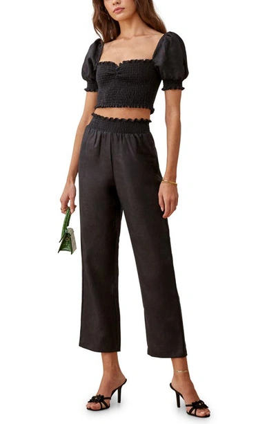 Shop Reformation Mora Linen Smocked Crop Top & Flare Crop Pants In Black