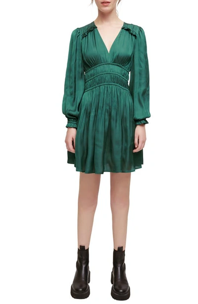 Shop Maje Rianna Smock Waist Long Sleeve Satin Dress In Dark Green