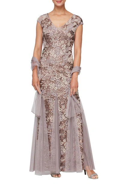 Shop Alex Evenings Sequin Embroidered Trumpet Gown In Mocha