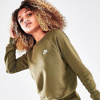 Shop Nike Women's Sportswear Essential Fleece Crewneck Sweatshirt In Medium Olive/white