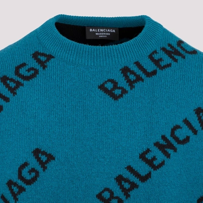 Balenciaga Mens Petrol Blue Black Logo-pattern Oversized Wool-blend Jumper  S In Green | ModeSens