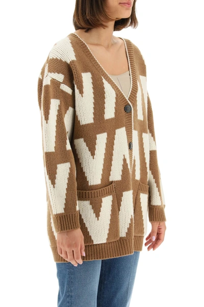 Shop Valentino Optical Wool Cardigan In Brown,white