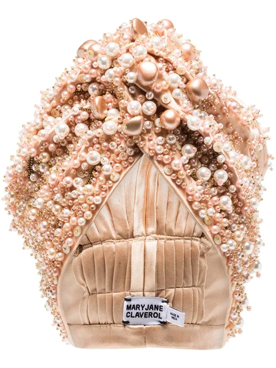 Shop Mary Jane Claverol Pearl-embellished Velour Headwrap Cap In 中性色