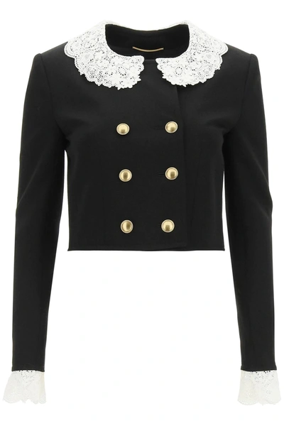 Shop Saint Laurent Cropped Jacket With Lace Collar In Black,white