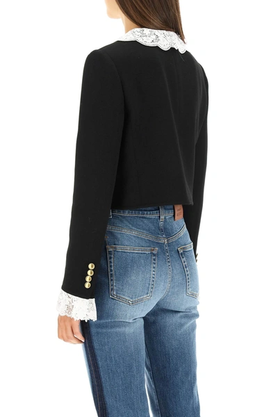 Shop Saint Laurent Cropped Jacket With Lace Collar In Black,white