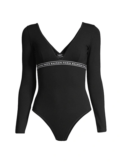 Shop Balmain Women's Logo Band Jersey Bodysuit In Black
