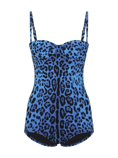 Shop Dolce & Gabbana Leopard-print One-piece Swimsuit In Blue