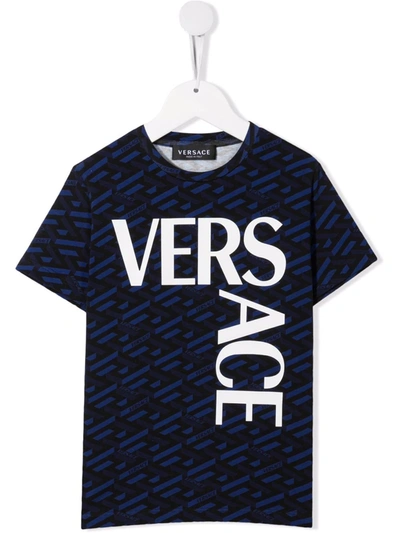 Shop Versace Logo-print Stretch-cotton T-shirt In Blue