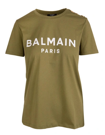 Shop Balmain Woman Khaki Green T-shirt With White Flocked Logo In Kaki