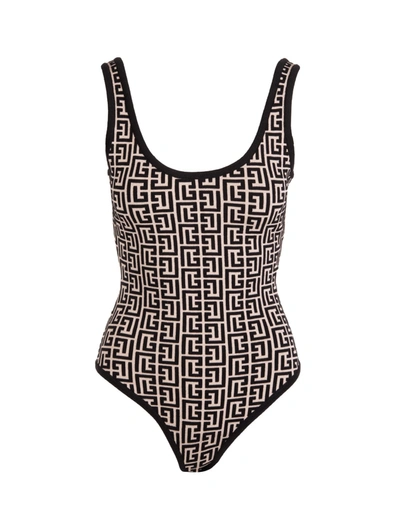 Shop Balmain Body In Black And Ivory Bicolor Jacquard With Monogram