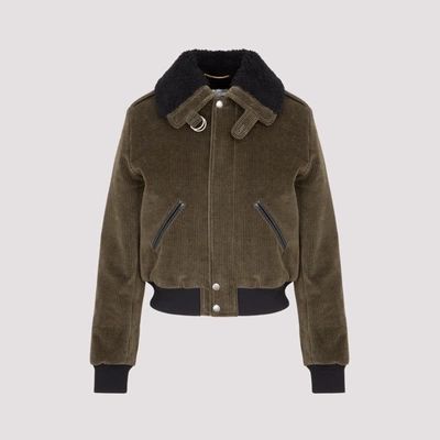 Shop Saint Laurent Shearling Collar Corduroy Jacket In Green