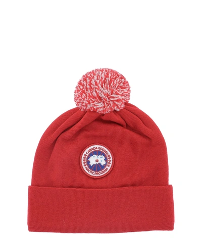 Shop Canada Goose Kids Logo Patch Pompom Hat In Red