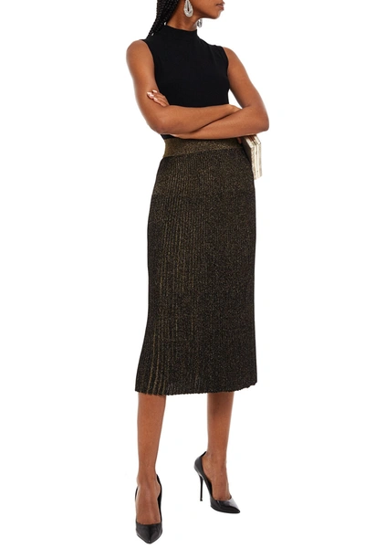 Shop Balmain Metallic Ribbed-knit Midi Skirt In Black