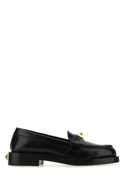 Shop Valentino Black Leather Roman Stud Loafers Black  Garavani Donna 41