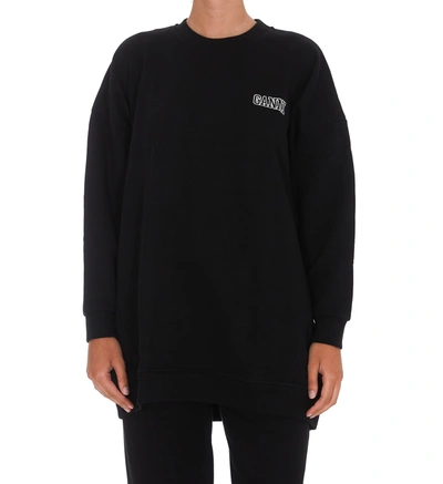 Shop Ganni Logo Embroidered Crewneck Sweatshirt In Black