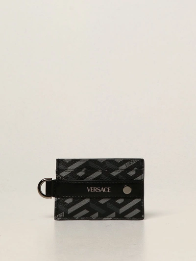 Shop Versace Wallet La Greca Signature  Credit Card Holder In Canvas In Black