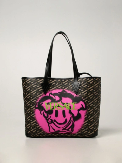 Shop Versace Tote Bags La Greca Signature  Canvas Bag In Black