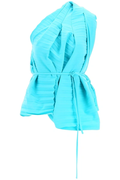 Shop A.w.a.k.e. Pleated One-shoulder Top In Turquoise (blue)